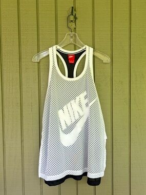 Nike Dual Layer Mesh Overlay Racerback Tank Top White Black Medium 726108-100